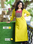 Vamika Lemon Yellow with Embroidered Patch Yoke with Shell Work Cotton Kurti