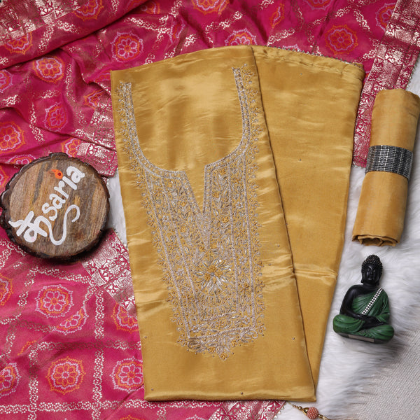 Rajsi Collection Mustard Shimmer Tissue Suit Set with Pink Dupatta