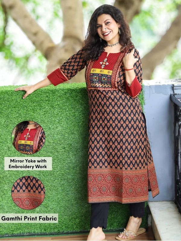 Mohini Coal Black Kutch Mirror Yoke with Embroidery Work Gamthi Print Cotton Kurti-D2