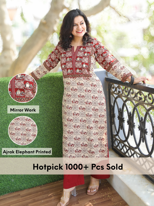 Shaniya Beige with Red Ajrak with Elephant Print Mirror Work Cotton Kurti