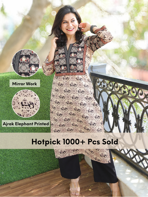 Shaniya Beige with Black Ajrak with Elephant Print Mirror Work Cotton Kurti