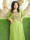 Vaishali Grass Green Potli Button with Mirror Kalamkari Yoke Panel Cotton Kurti