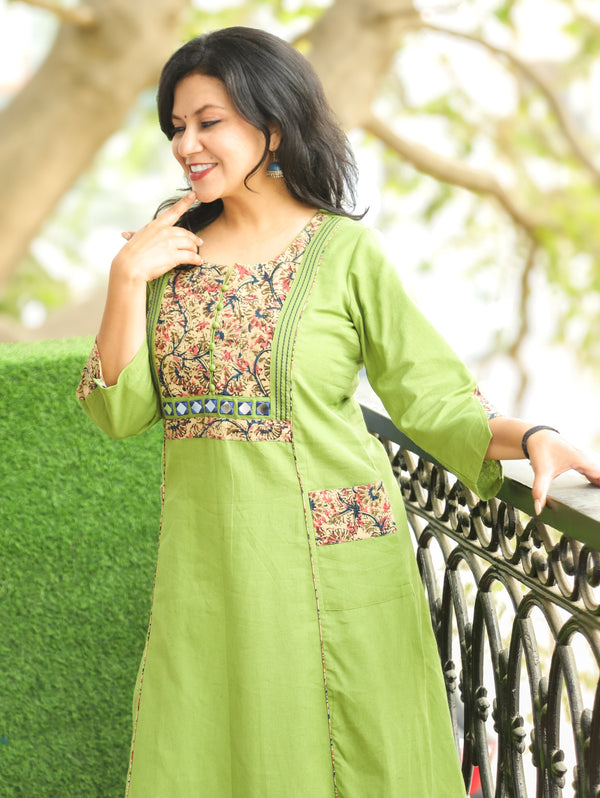 Vaishali Grass Green Potli Button with Mirror Kalamkari Yoke Panel Cotton Kurti