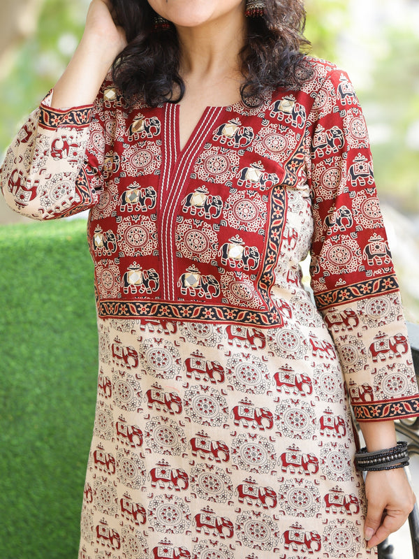 Shaniya Beige with Red Ajrak with Elephant Print Mirror Work Cotton Kurti