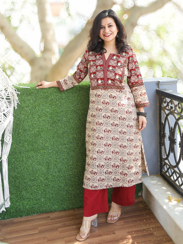 Shaniya Beige with Red Ajrak with Elephant Print Mirror Work Cotton Kurti