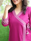 Rooprani Magenta Purple Angrakha Embellish Neck and Sleeve Short Cotton Flex Kurti