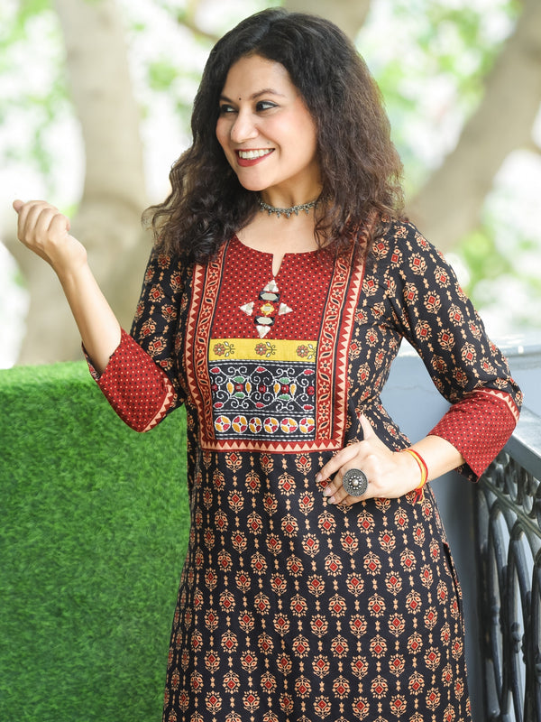 Mohini Ebony Black Kutch Mirror Yoke with Embroidery Work Ajrak Print Cotton Kurti-D1