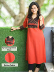 Dua Pumpkin Rust Ajrak Print Yoke with MIrror on Angrakha Style Neck Cotton Kurti