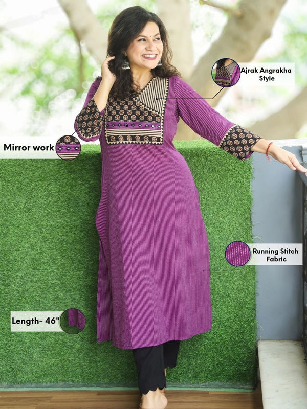 Ada Dark Purple Ajrak Printed Angrakha Yoke with Mirror Work Running Stitch Cotton Kurti