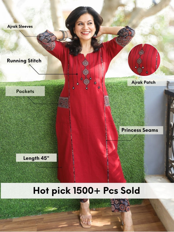 Pankhudi Maroon Running Stitch in Ajrak Patch with Mirror Work Cotton Kurti with Pocket