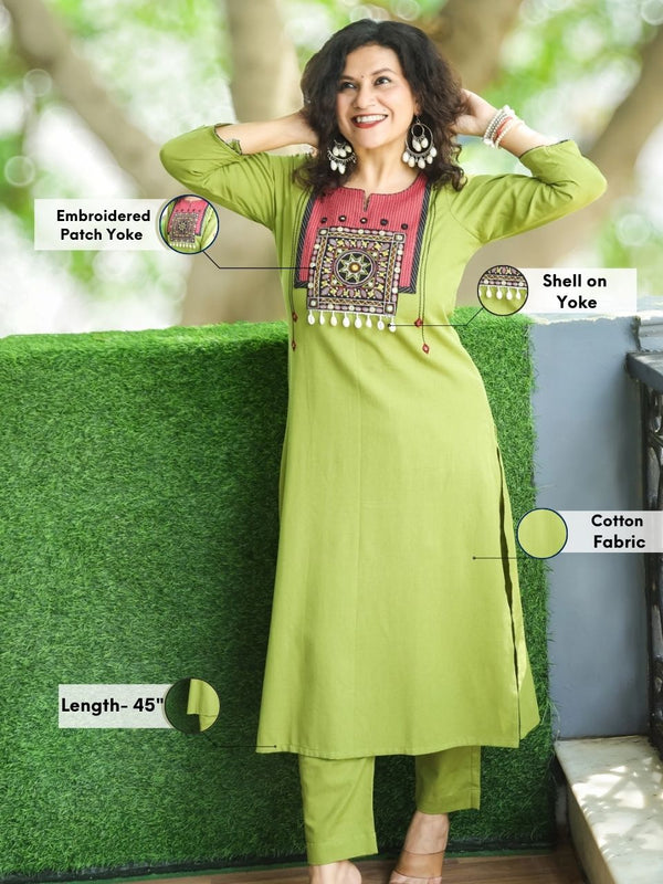 Vamika Pine Green with Embroidered Patch Yoke with Shell Work Cotton Kurti