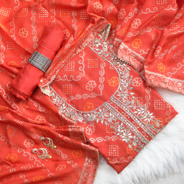Bandez Rust Color Embroidery Suit Set With Dupatta