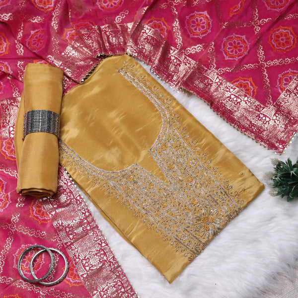 Rajsi Collection Mustard Shimmer Tissue Suit Set with Pink Dupatta