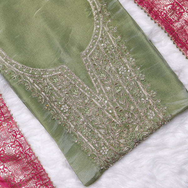 Rajsi Collection Green Shimmer Tissue Suit Set with Pink Dupatta