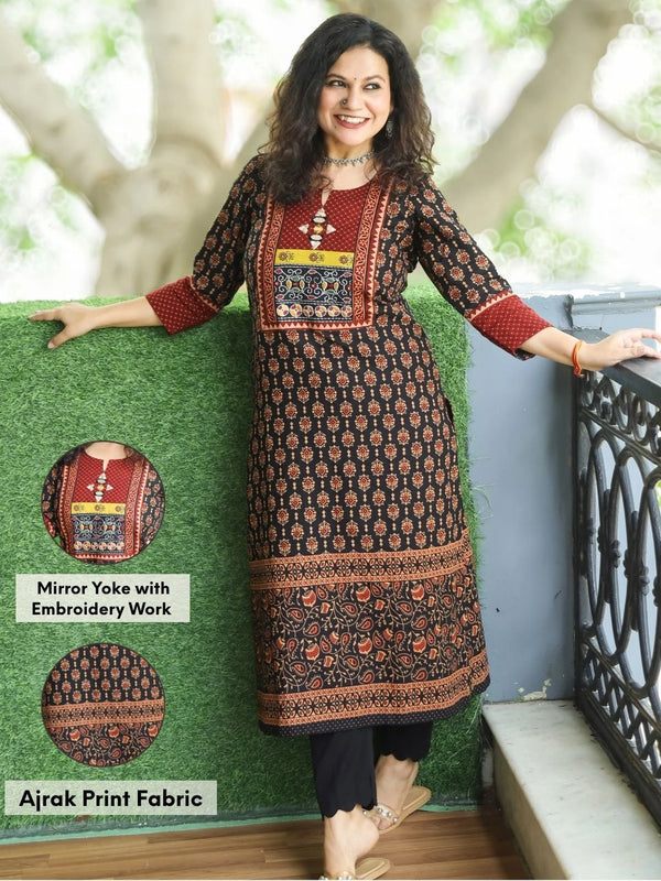Mohini Ebony Black Kutch Mirror Yoke with Embroidery Work Ajrak Print Cotton Kurti-D1