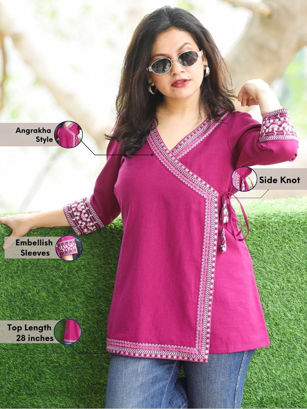 Rooprani Magenta Purple Angrakha Embellish Neck and Sleeve Short Cotton Flex Kurti