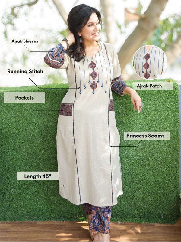 Pankhudi Off-White Beige Running Stitch in Ajrak Patch with Mirror Work Cotton Kurti with Pocket