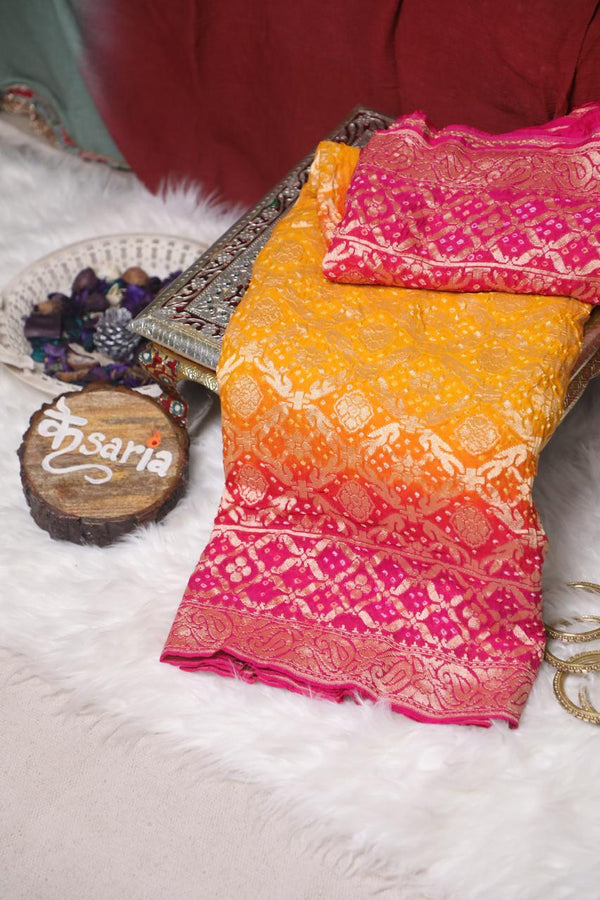 Authentic Bandhani Saree | Handwoven Pure Khaddi Georgette with Gold Wor