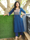 Kusum Royal Blue Running Thread with Mirror Work Kalamakari Yoke Panel Cotton Kurti