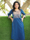 Kusum Royal Blue Running Thread with Mirror Work Kalamakari Yoke Panel Cotton Kurti