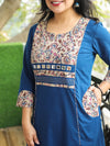 Kusum Royal Blue Running Thread with Mirror Work Kalamakari Yoke Panel Cotton Kurti