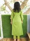 Vaishali Grass Green Potli Button with Mirror Kalamkari Yoke Panel Cotton Kurti