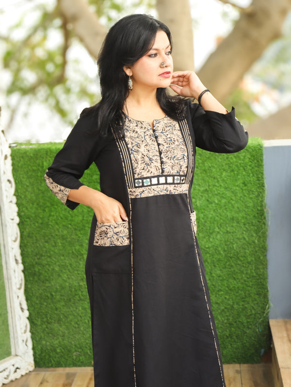 Vaishali Ebony Black Potli Button with Mirror Kalamkari Yoke Panel Cotton Kurti