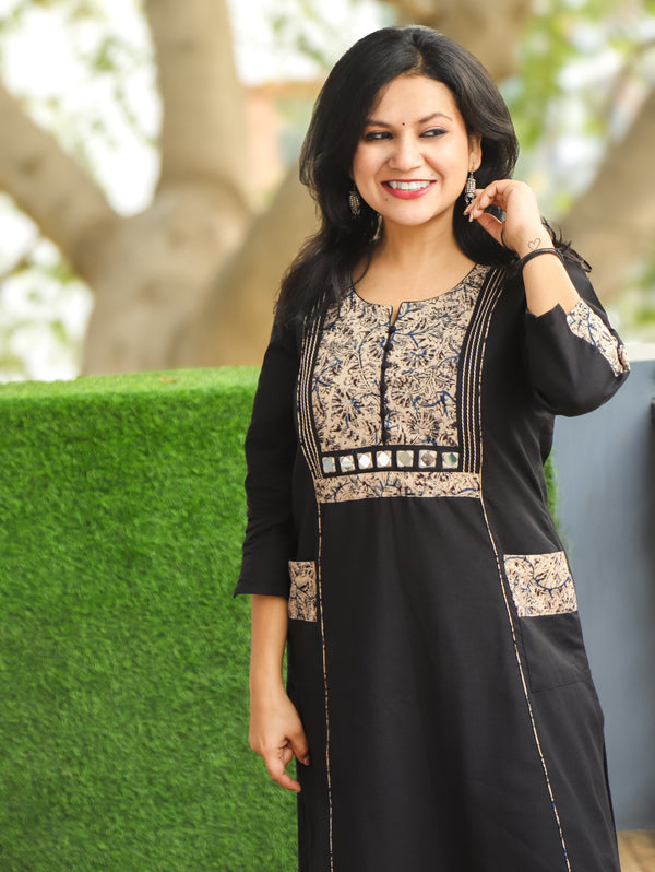 Vaishali Ebony Black Potli Button with Mirror Kalamkari Yoke Panel Cotton Kurti
