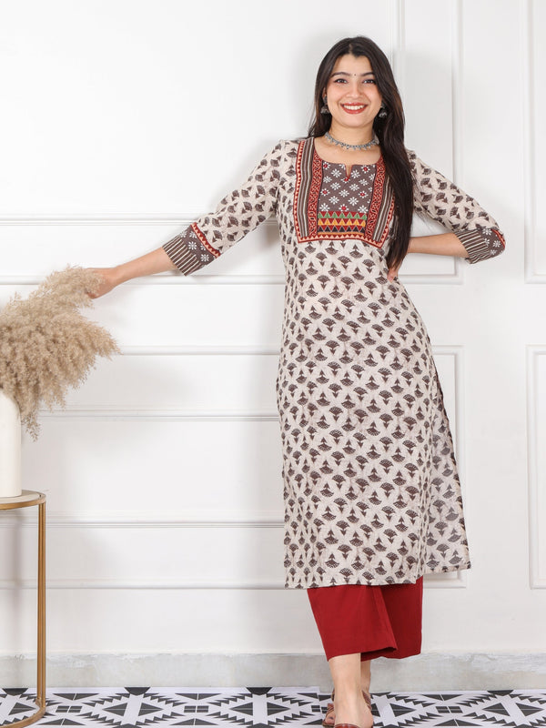 Ruhaniyaat Latte Beige Mirror with Kutch Fusion Work Cotton Kurti-D1