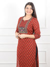 Rooh Blood Red Kutch Neck Yock Work with Ajrak Printed Cotton Kurti-D3