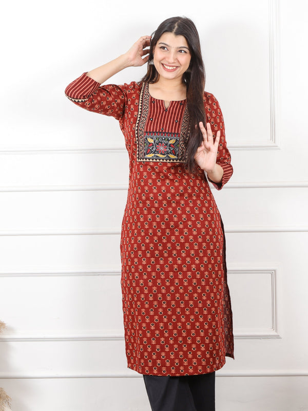 Rooh Blood Red Kutch Neck Yock Work with Ajrak Printed Cotton Kurti-D3