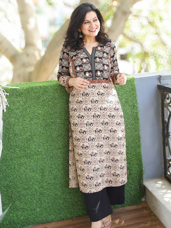 Shaniya Beige with Black Ajrak with Elephant Print Mirror Work Cotton Kurti