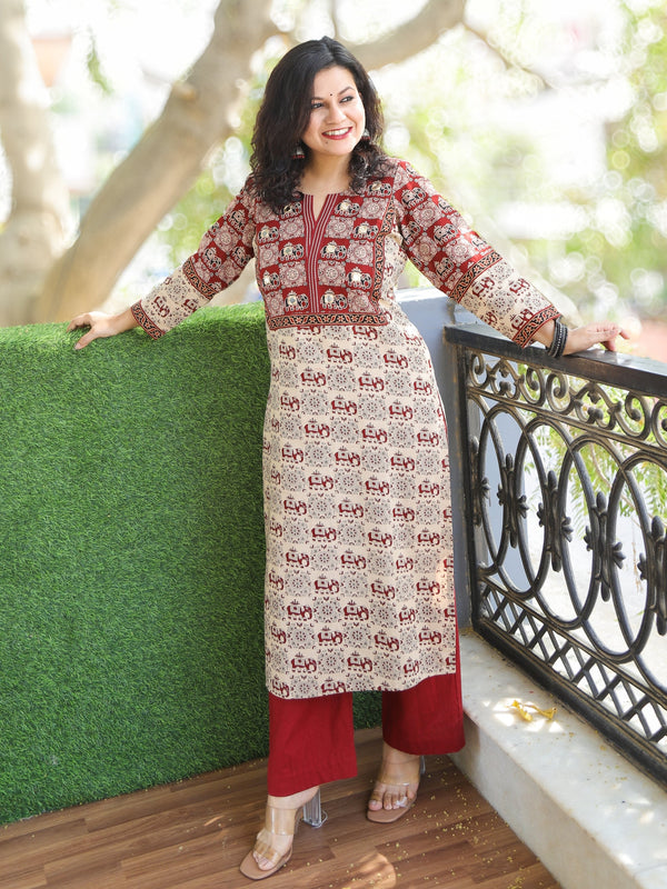 Shaniya Beige with Red Ajrak with Elephant Print Mirror Work Cotton Kurti
