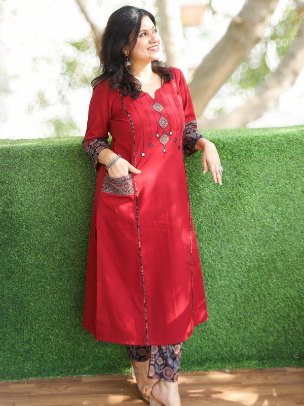 Pankhudi Maroon Running Stitch in Ajrak Patch with Mirror Work Cotton Kurti with Pocket