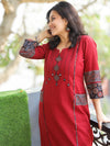 Pankhudi Maroon Running Stitch in Ajrak Patch with Mirror Work Cotton Kurti with Pocket