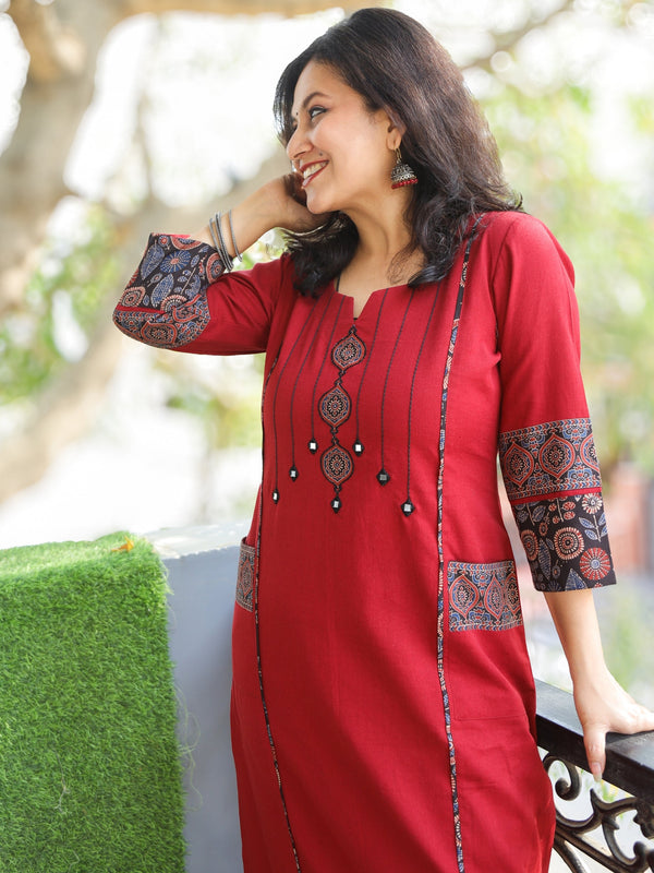 Pankhudi Maroon Running Stitch in Ajrak Patch with Mirror Work Cotton Kurti with Pocket