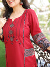 Pankhudi Maroon Running Stitch in Ajrak Patch with Mirror Work Cotton Kurti with Pocket