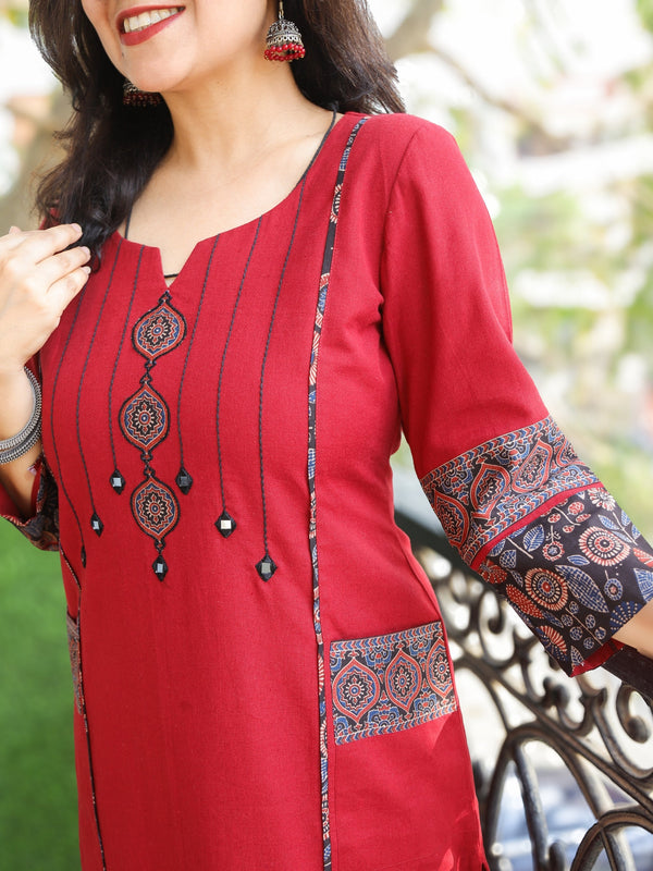 Pankhudi Maroon Running Stitch in Ajrak Patch with Mirror Work Cotton Kurti with Pocket