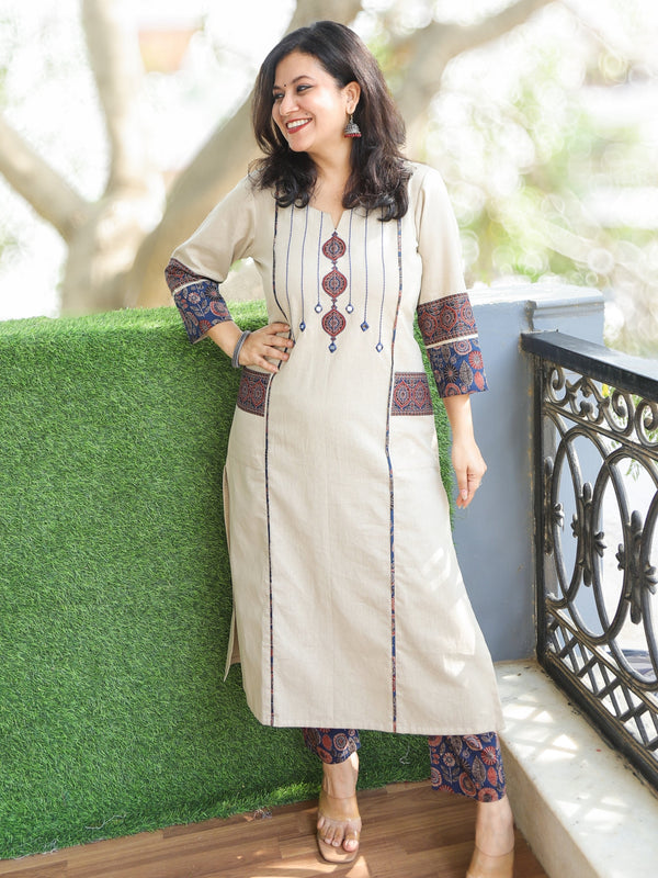 Pankhudi Off-White Beige Running Stitch in Ajrak Patch with Mirror Work Cotton Kurti with Pocket