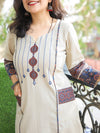 Pankhudi Off-White Beige Running Stitch in Ajrak Patch with Mirror Work Cotton Kurti with Pocket