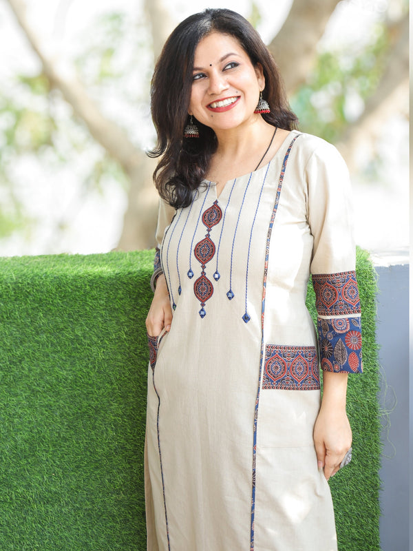 Pankhudi Off-White Beige Running Stitch in Ajrak Patch with Mirror Work Cotton Kurti with Pocket
