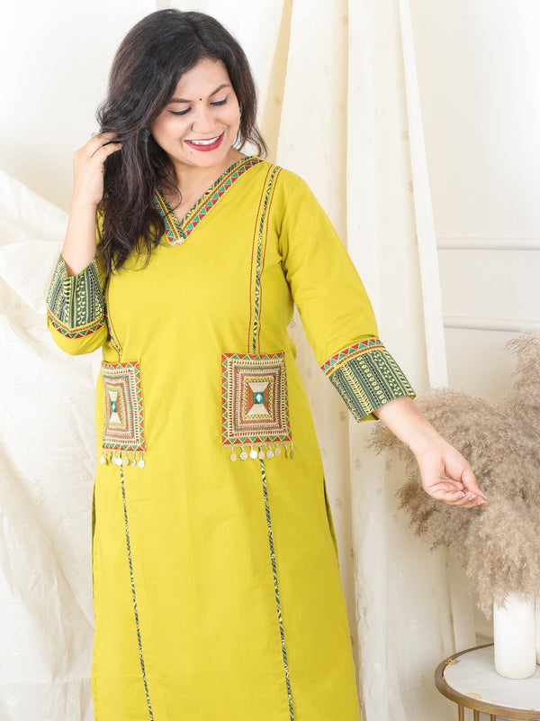 Gulkand Tuscany Yellow Embroidered Patch with Coin Work Cotton Kurti with Pocket
