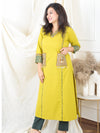 Gulkand Tuscany Yellow Embroidered Patch with Coin Work Cotton Kurti with Pocket
