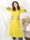 Gulkand Tuscany Yellow Embroidered Patch with Coin Work Cotton Kurti with Pocket