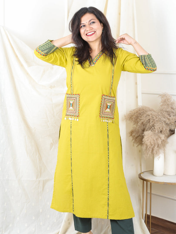 Gulkand Tuscany Yellow Embroidered Patch with Coin Work Cotton Kurti with Pocket