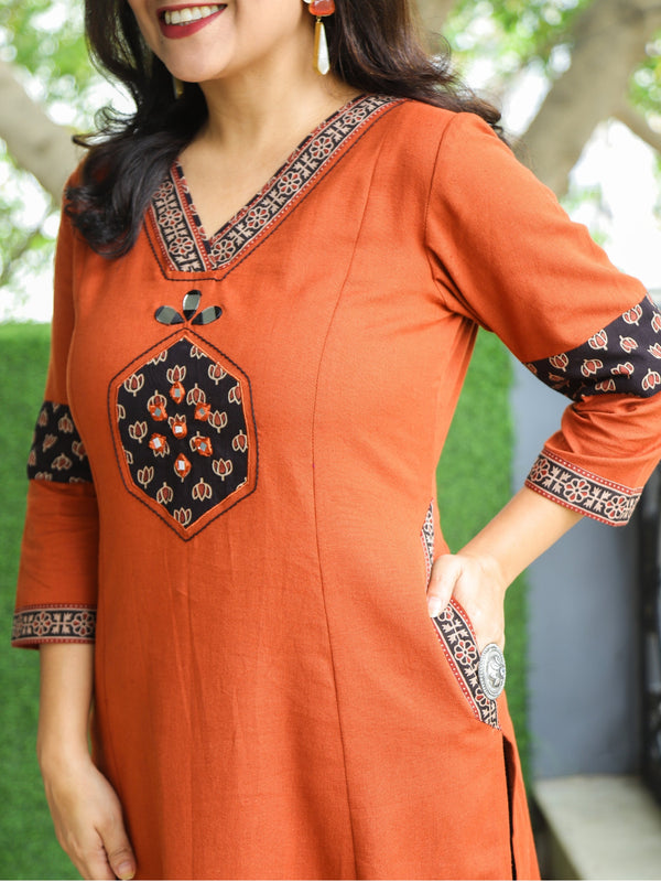 Jhalak Burnt Rust V Neck Mirror Work on Lotus Print Patch Cotton Kurti with Pocket