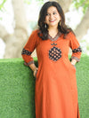 Jhalak Burnt Rust V Neck Mirror Work on Lotus Print Patch Cotton Kurti with Pocket