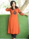 Jhalak Burnt Rust V Neck Mirror Work on Lotus Print Patch Cotton Kurti with Pocket