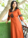 Jhalak Burnt Rust V Neck Mirror Work on Lotus Print Patch Cotton Kurti with Pocket