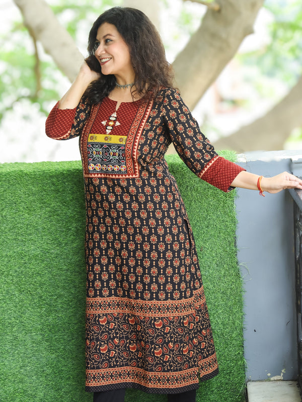 Mohini Ebony Black Kutch Mirror Yoke with Embroidery Work Ajrak Print Cotton Kurti-D1